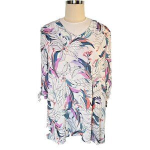 Apana Women's L Dress Mini Length Hi Low Hem Tropical Pastel Floral Long Sleeve